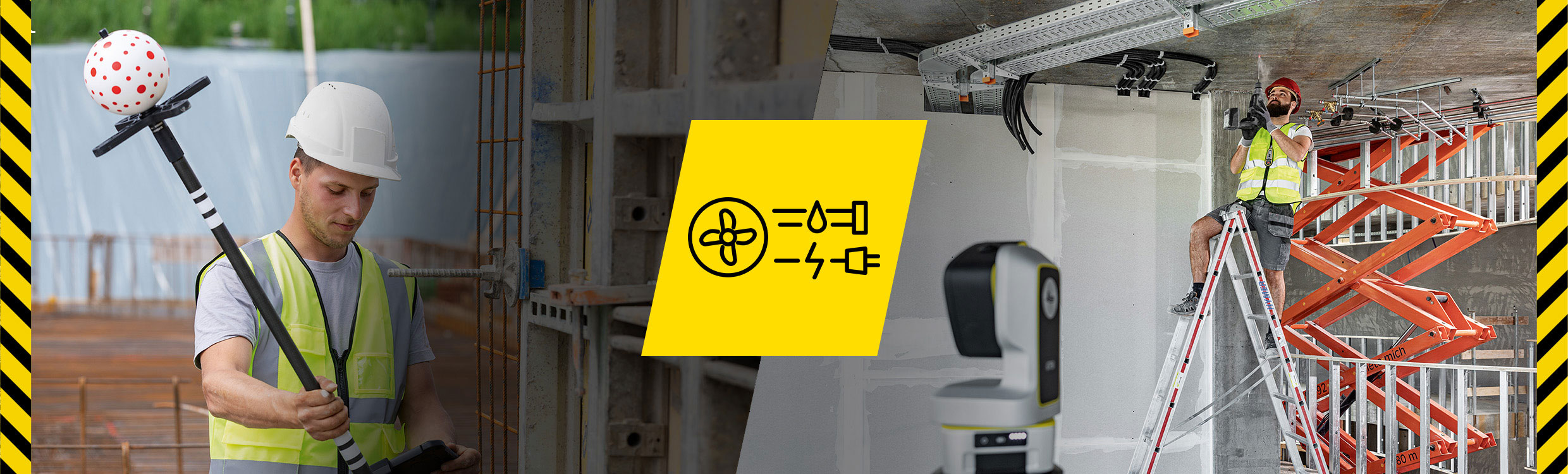 Construction worker in yellow high-vis vest using the Leica iCON vPole to layout points on a construction site.